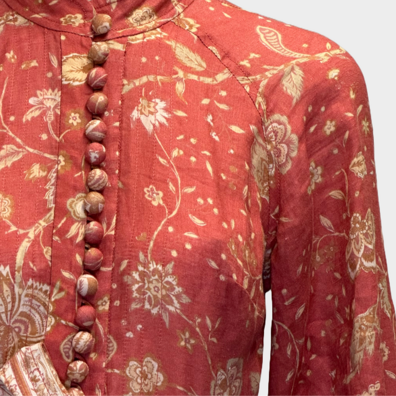 Zimmerman red and beige flower print linen long sleeved buttoned dress