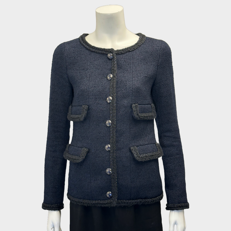 Chanel women's navy and black tweed jacket with silver hardware