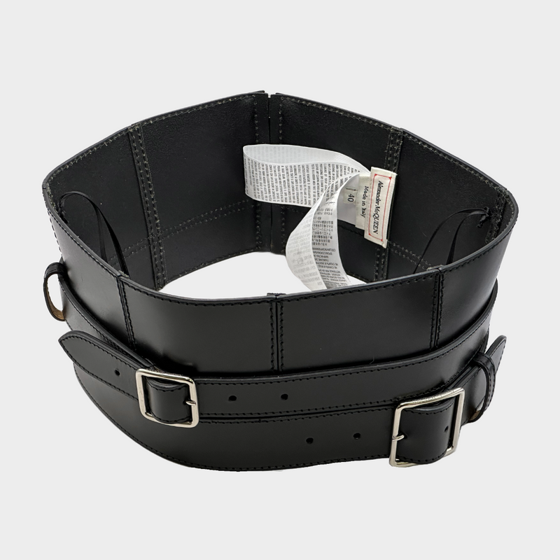 Alexander Mcqueen women's black leather corset belt with silver hardware