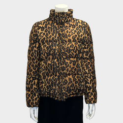 Miu Miu black and brown animal print puffer jacket with detachable hood