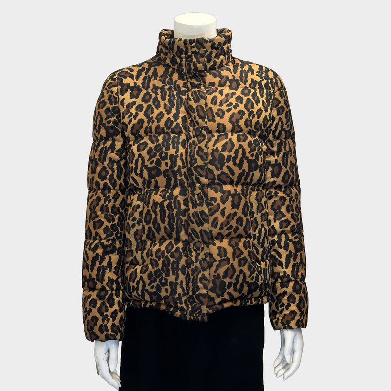 Miu Miu black and brown animal print puffer jacket with detachable hood