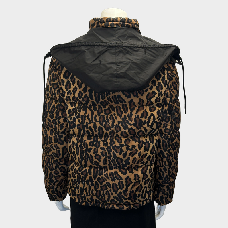 Miu Miu black and brown animal print puffer jacket with detachable hood