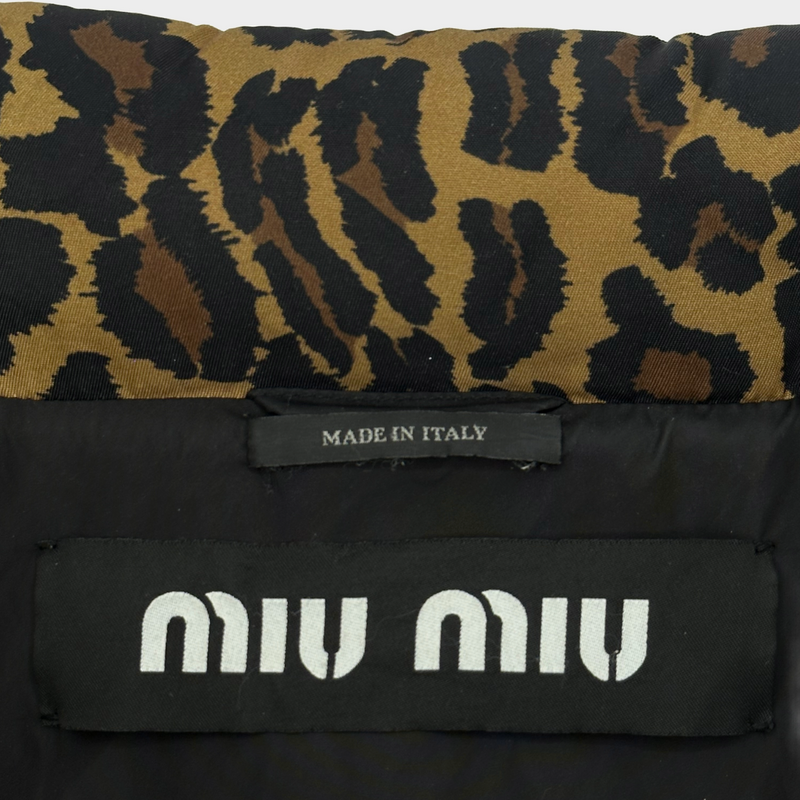 Miu Miu black and brown animal print puffer jacket with detachable hood