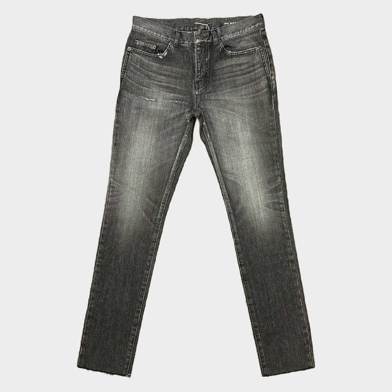 Saint Laurent men's grey cotton jeans with distressed cuffs
