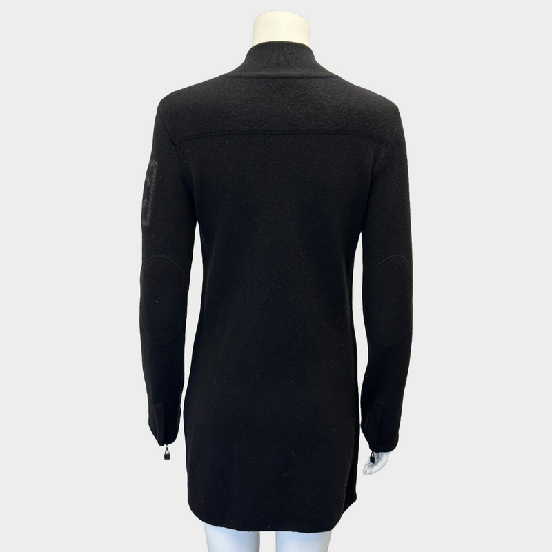 Chanel women's black wool long zip-up cardigan with CC logo on the sleeve