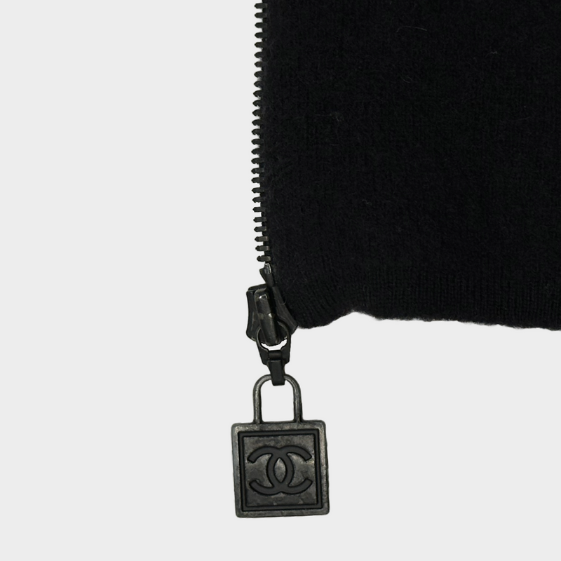 Chanel women's black wool long zip-up cardigan with CC logo on the sleeve