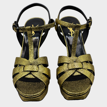 YSL gold grained metallic leather Tribute T strap platform heels Loop Generation
