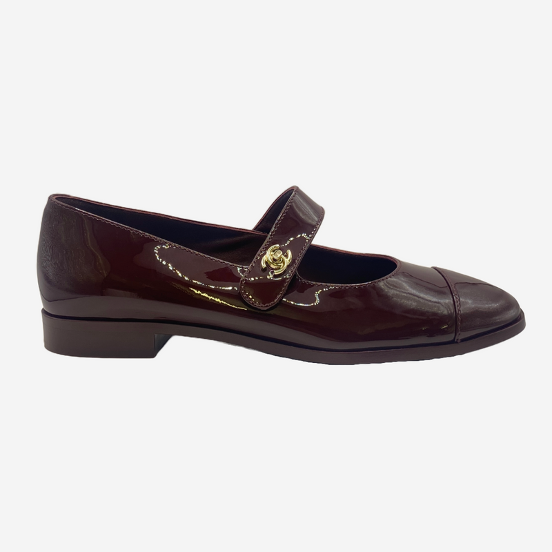 Chanel burgundy patent leather Mary Jane flat shoes
