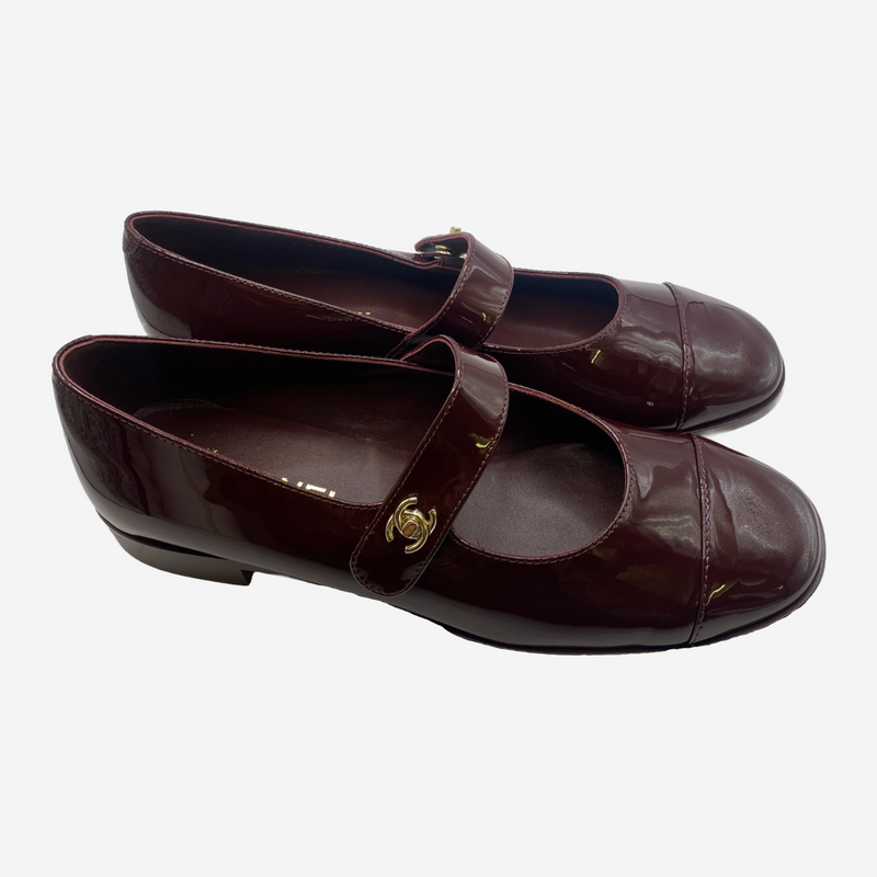 Chanel burgundy patent leather Mary Jane flat shoes