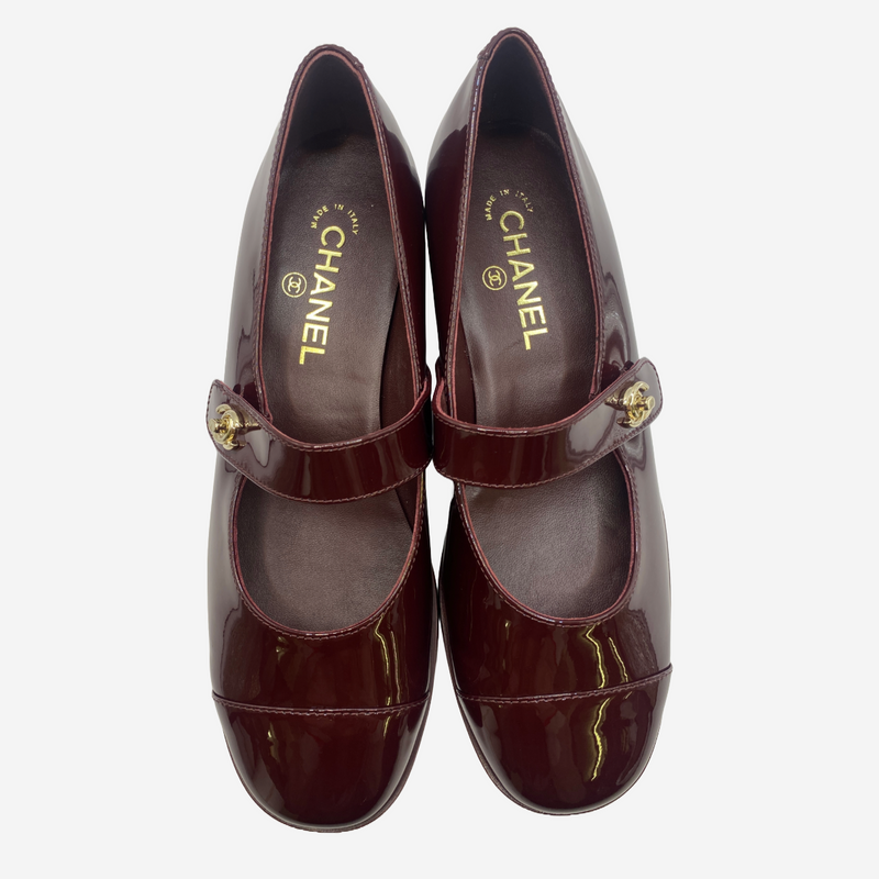 Chanel burgundy patent leather Mary Jane flat shoes