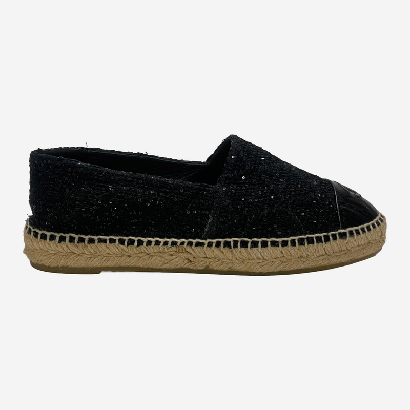 Chanel black and tan cotton and patent leather espadrilles