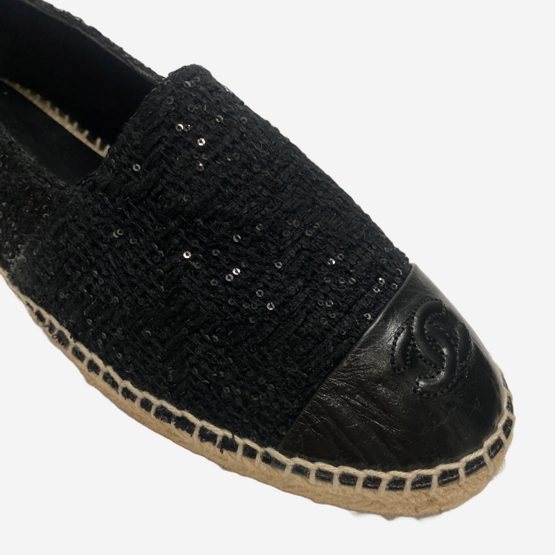 Chanel black and tan cotton and patent leather espadrilles