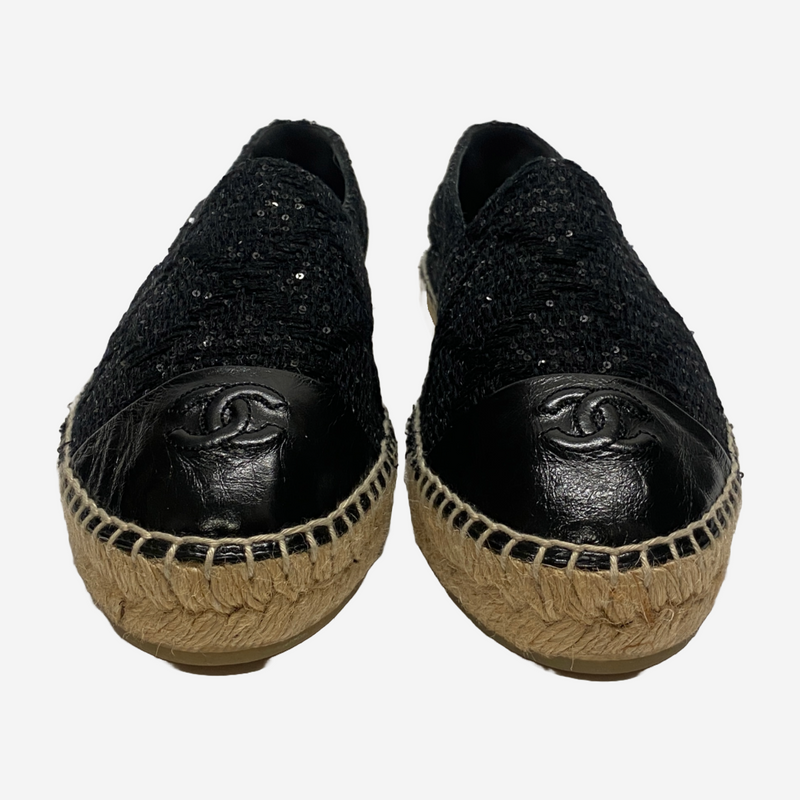 Chanel black and tan cotton and patent leather espadrilles