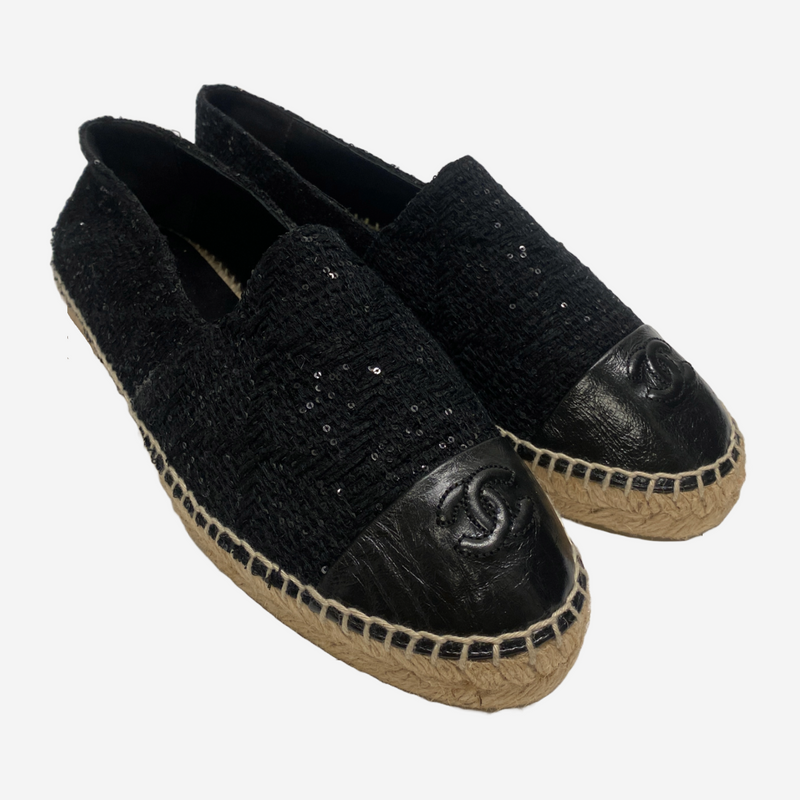 Chanel black and tan cotton and patent leather espadrilles