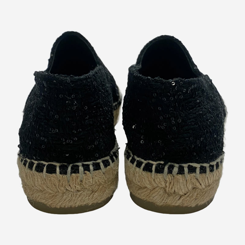 Chanel black and tan cotton and patent leather espadrilles