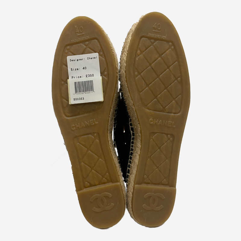 Chanel black and tan cotton and patent leather espadrilles