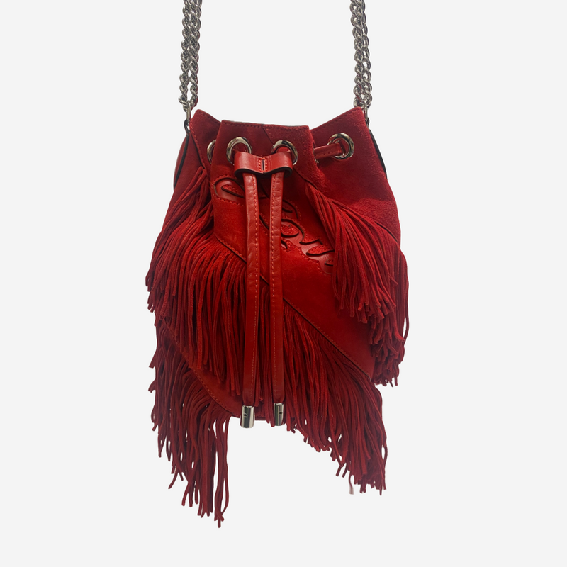 Christian Louboutin women's red suede fringed bucket bag with silver chain