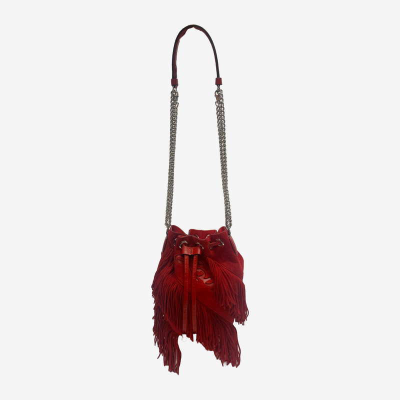 Christian Louboutin women's red suede fringed bucket bag with silver chain