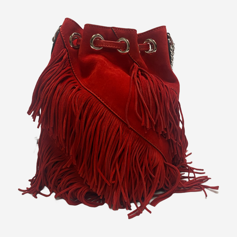 Christian Louboutin women's red suede fringed bucket bag with silver chain