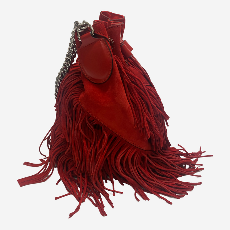Christian Louboutin women's red suede fringed bucket bag with silver chain