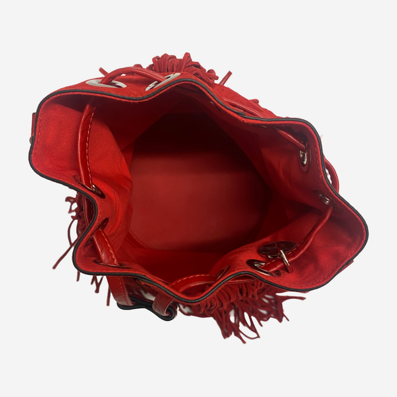 Christian Louboutin women's red suede fringed bucket bag with silver chain