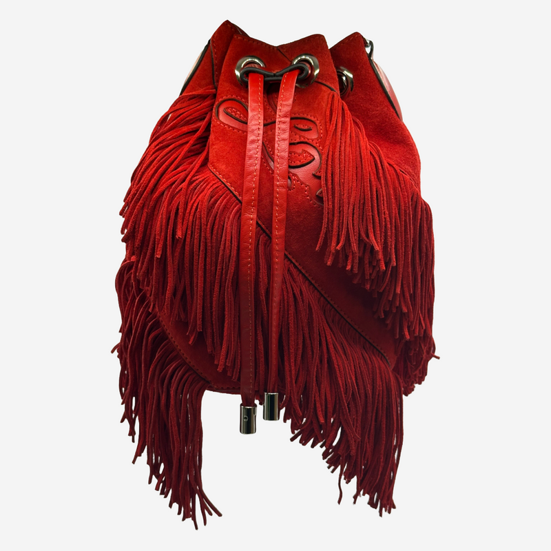 Christian Louboutin women's red suede fringed bucket bag with silver chain