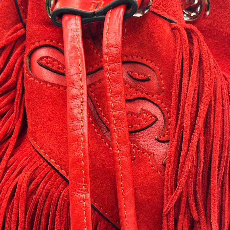 Christian Louboutin women's red suede fringed bucket bag with silver chain