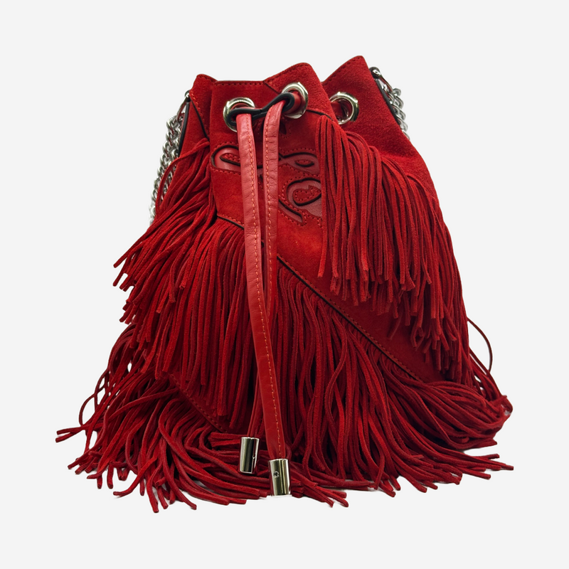 Christian Louboutin women's red suede fringed bucket bag with silver chain