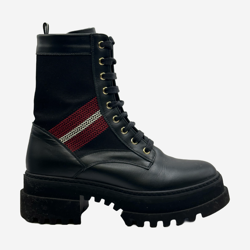 Bally women's black leather and canvas combat boots with red and white stripe detail