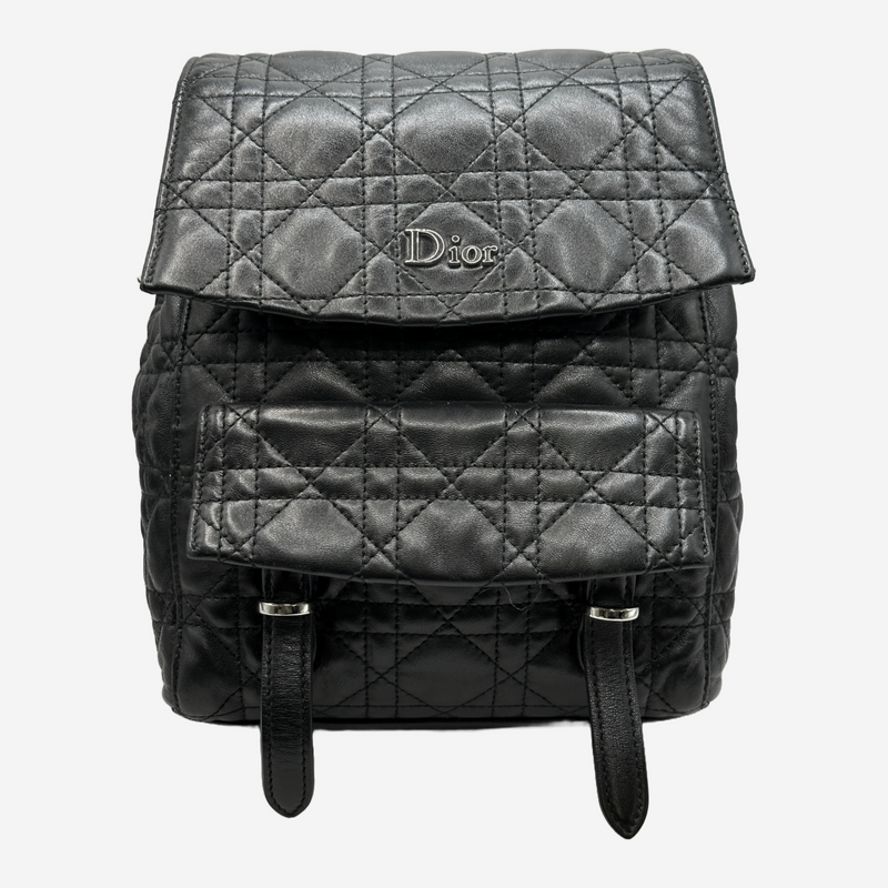 Christian Dior women's black quilted leather backpack with front pocket