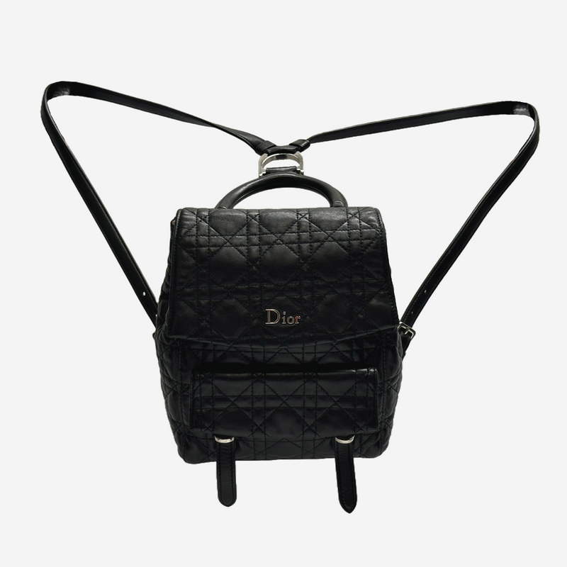 Christian Dior women's black quilted leather backpack with front pocket