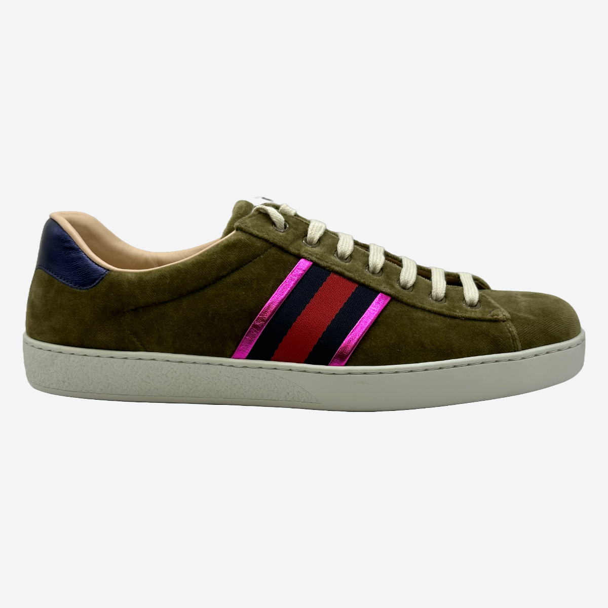 Gucci men s olive green velvet and leather sneakers with pink stripes Loop Generation