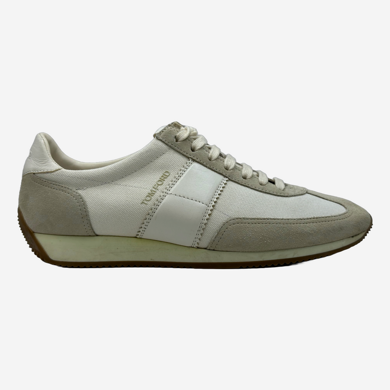 Tom Ford men's white and ecru suede/canvas/leather trainers