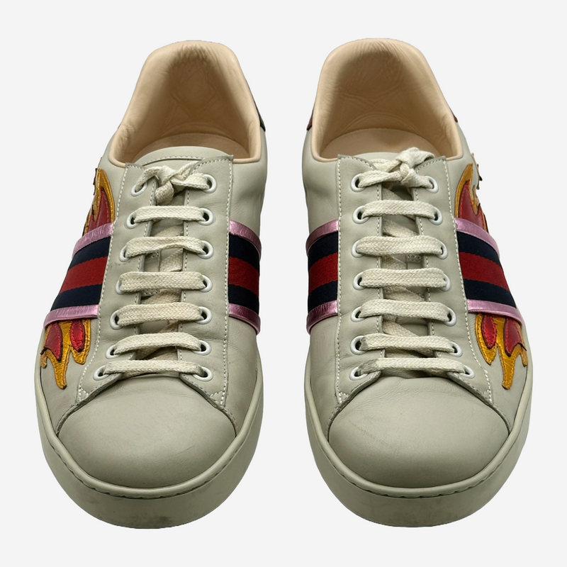 Gucci men's beige leather sneakers with metallic flames embroidery and stripes details