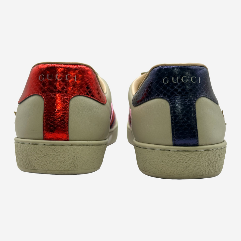 Gucci men's beige leather sneakers with metallic flames embroidery and stripes details