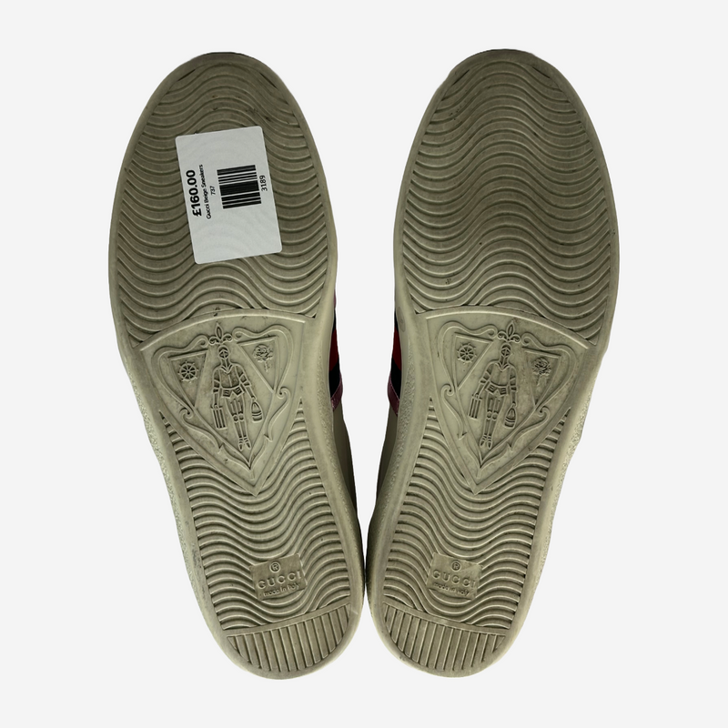 Gucci men's beige leather sneakers with metallic flames embroidery and stripes details