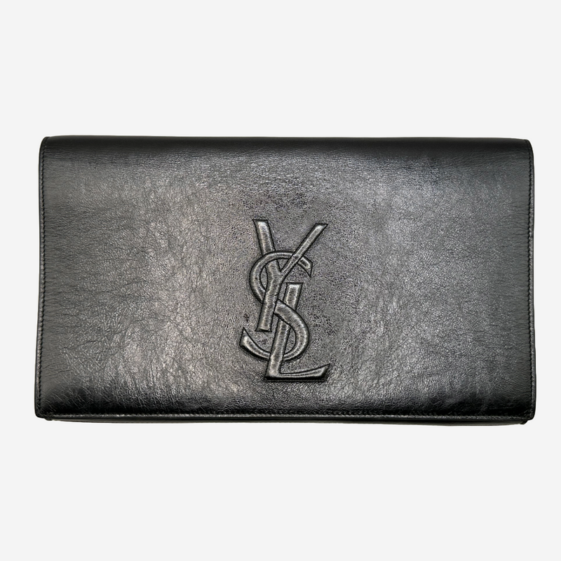 YSL women's silver metallic leather clutch