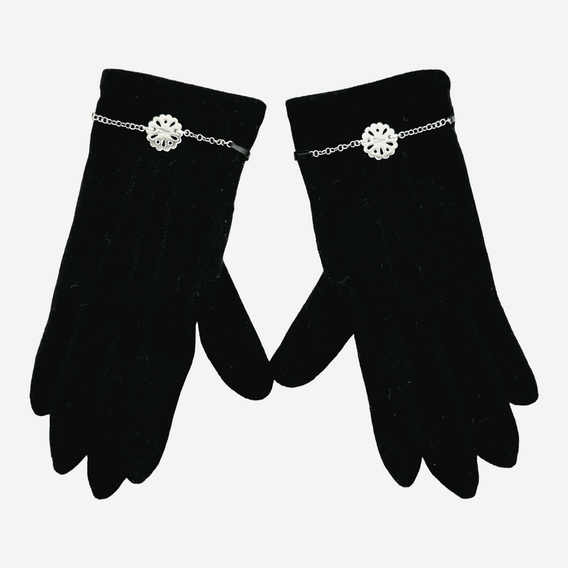 Christian Dior women's black wool gloves with silver chain and flower detail