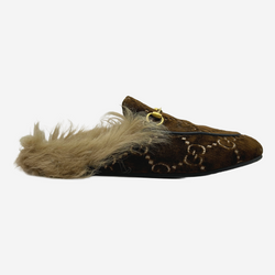Gucci women's brown velvet monogram Shearling-Lined Princetown Horsebit sliders