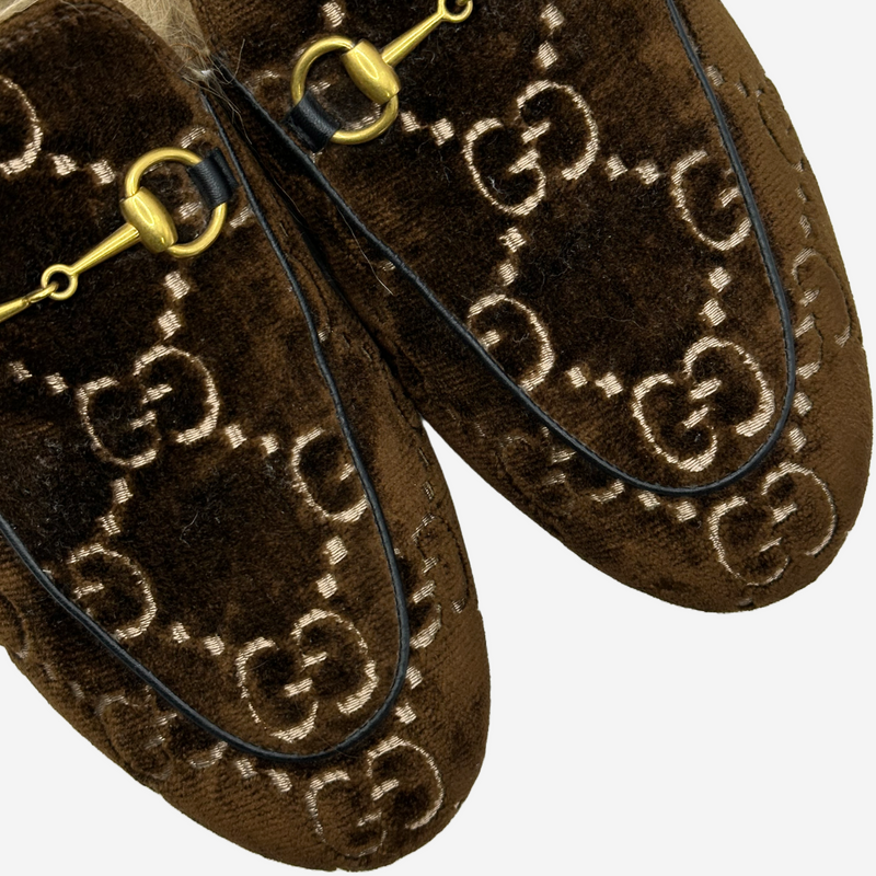 Gucci women's brown velvet monogram Shearling-Lined Princetown Horsebit sliders