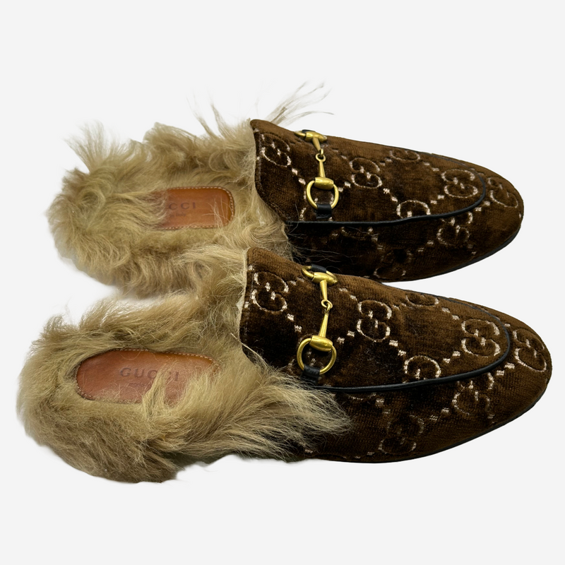 Gucci women's brown velvet monogram Shearling-Lined Princetown Horsebit sliders