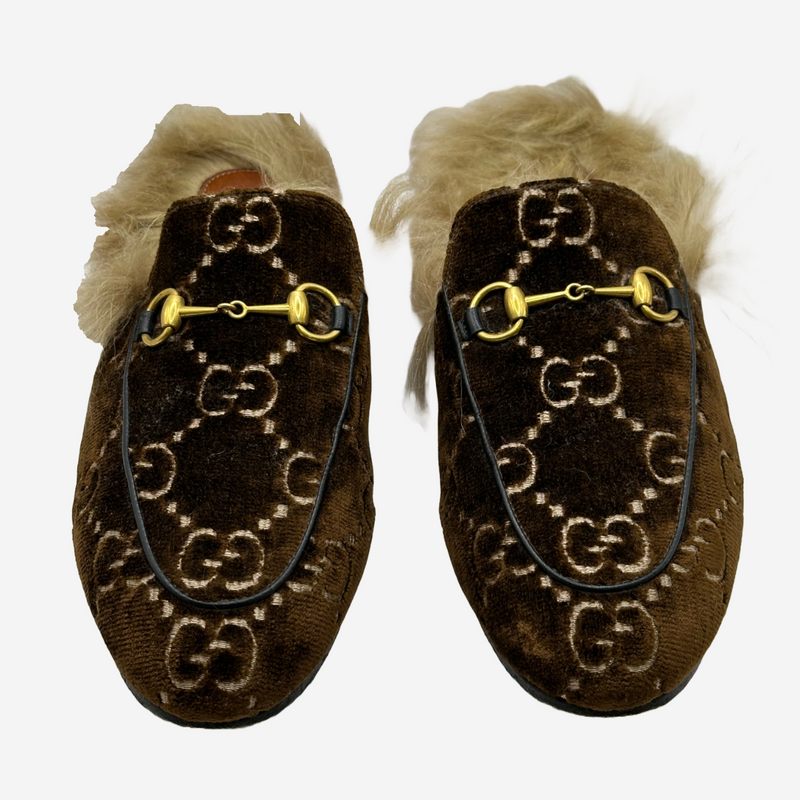 Gucci women's brown velvet monogram Shearling-Lined Princetown Horsebit sliders