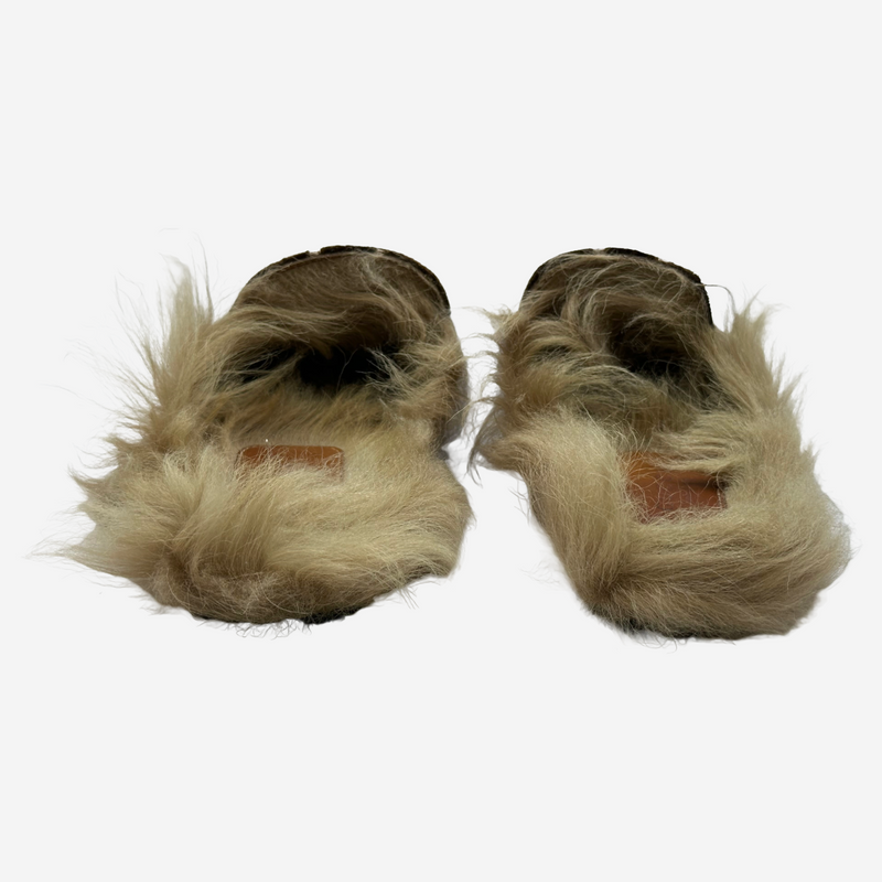 Gucci women's brown velvet monogram Shearling-Lined Princetown Horsebit sliders