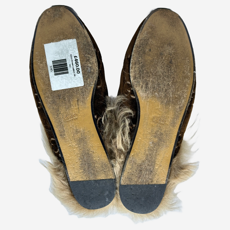 Gucci women's brown velvet monogram Shearling-Lined Princetown Horsebit sliders