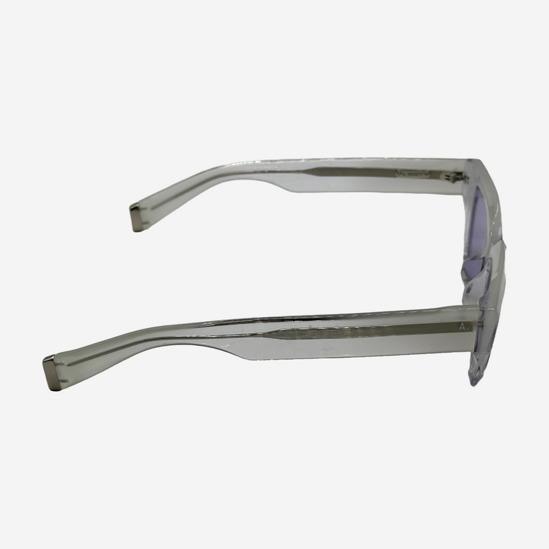 A. Society clear acetate cat eye sunglasses with purple tinted lenses