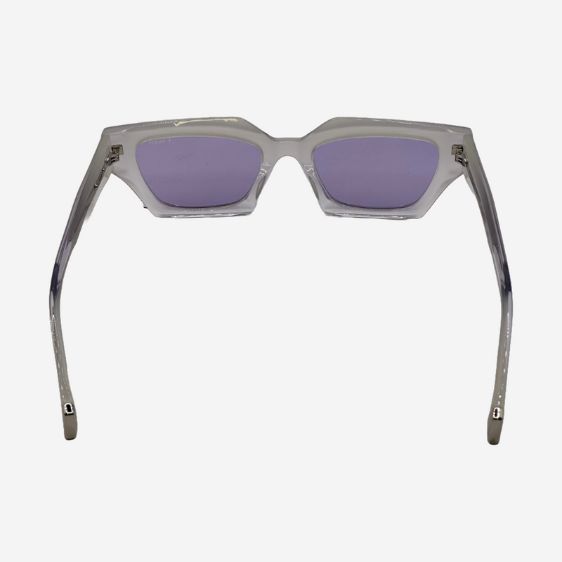 A. Society clear acetate cat eye sunglasses with purple tinted lenses