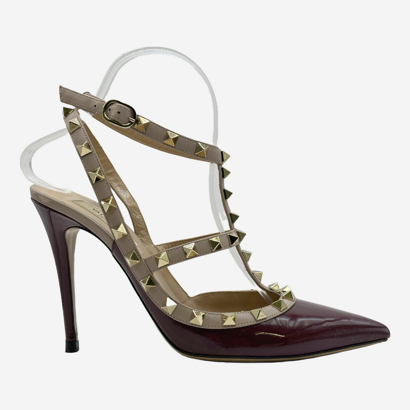 Valentino nude and burgundy patent leather rockstud heels