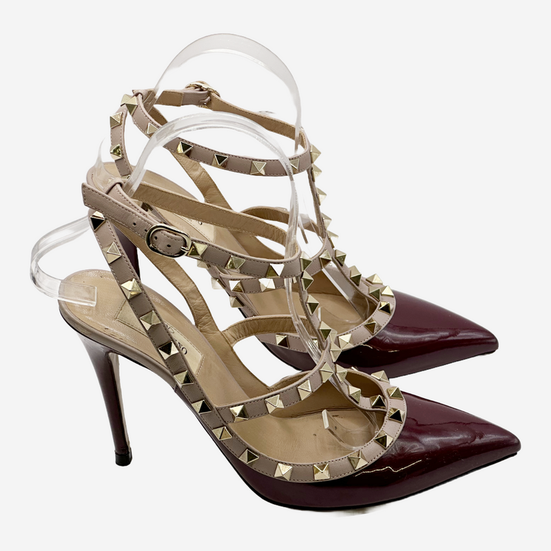 Valentino nude and burgundy patent leather rockstud heels
