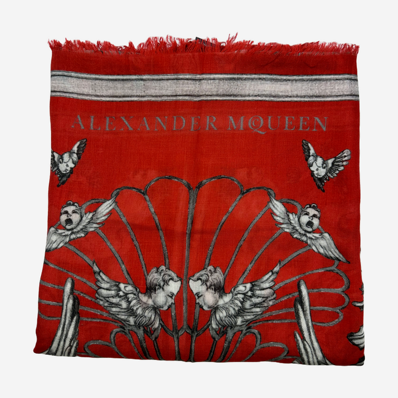Alexander McQueen unisex red and white renaissance print modal and cashmere scarf