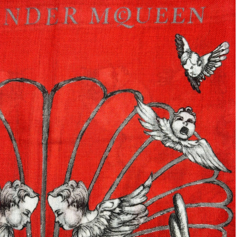 Alexander McQueen unisex red and white renaissance print modal and cashmere scarf